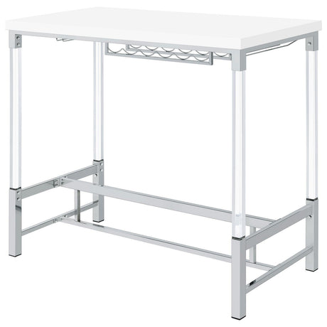 Norcrest Pub Height Bar Table With Acrylic Legs And Wine Storage White High Gloss 182101 - Ella Furniture