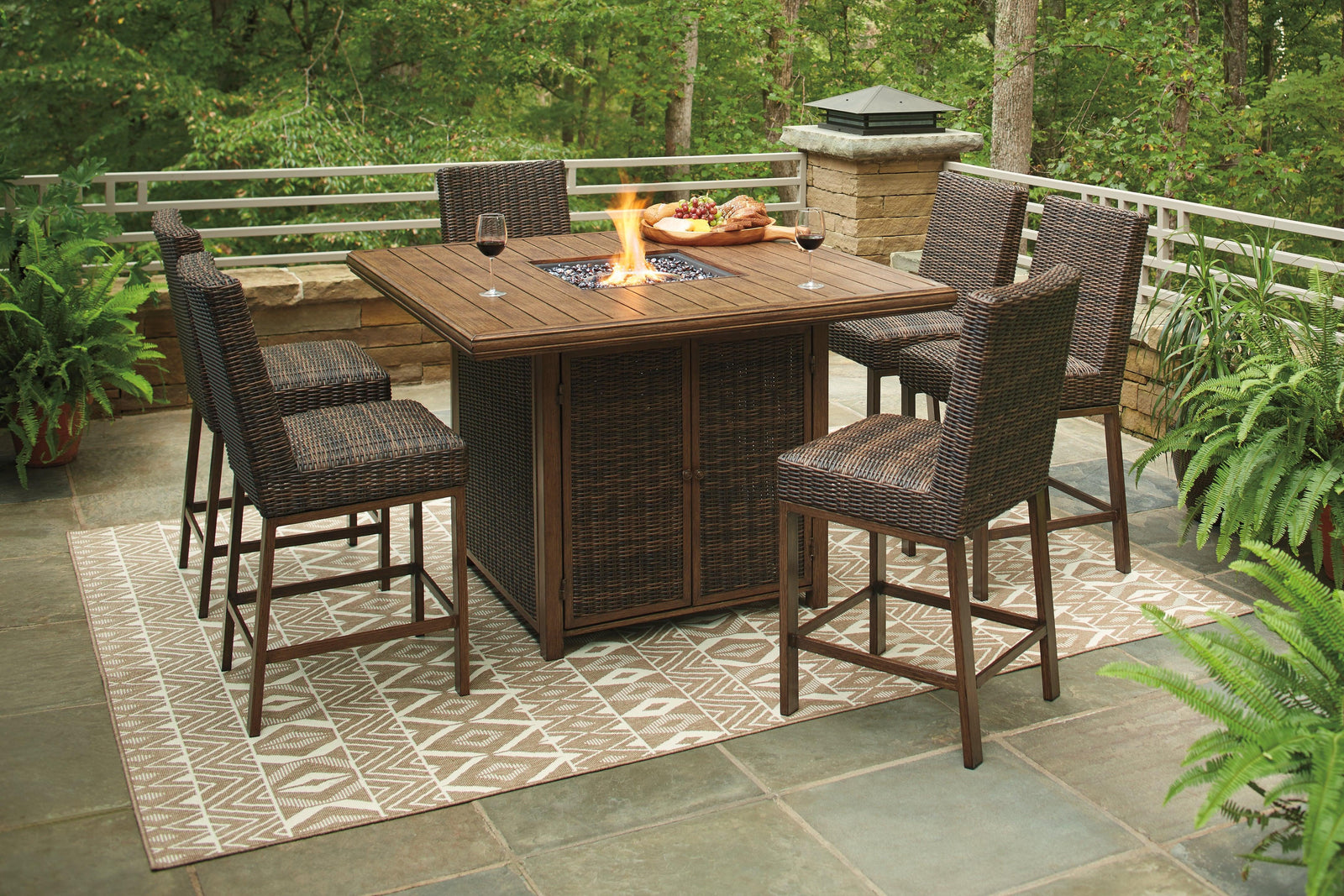 Paradise Medium Brown Trail Outdoor Bar Table And 6 Barstools - Ella Furniture