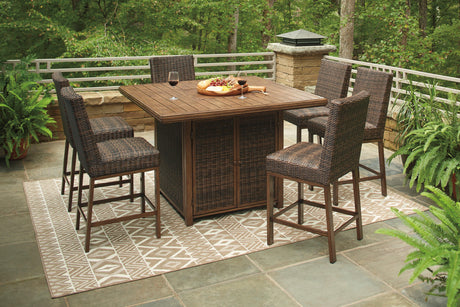 Paradise Medium Brown Trail Outdoor Bar Table And 6 Barstools - Ella Furniture