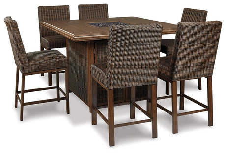 Paradise Medium Brown Trail Outdoor Bar Table And 6 Barstools - Ella Furniture