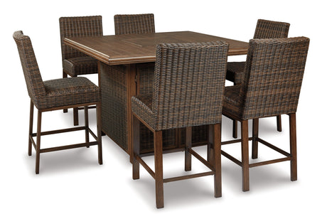 Paradise Medium Brown Trail Outdoor Bar Table And 6 Barstools - Ella Furniture