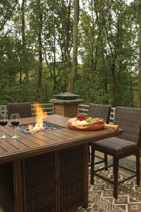 Paradise Medium Brown Trail Outdoor Bar Table And 6 Barstools - Ella Furniture