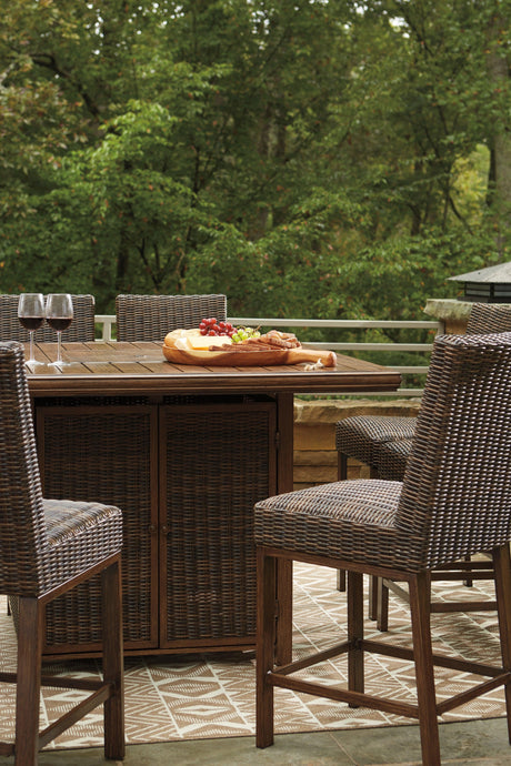 Paradise Medium Brown Trail Outdoor Bar Table And 6 Barstools - Ella Furniture