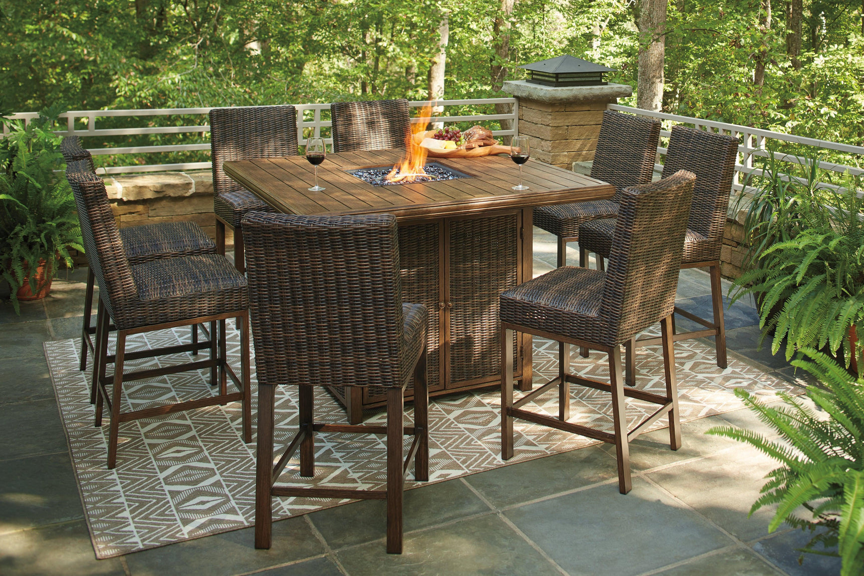 Paradise Medium Brown Trail Outdoor Bar Table And 8 Barstools - Ella Furniture