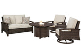 Paradise Medium Brown Trail Outdoor Loveseat And 2 Lounge Chairs With Fire Pit Table - Ella Furniture