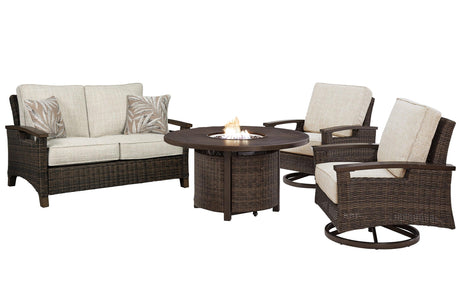 Paradise Medium Brown Trail Outdoor Loveseat And 2 Lounge Chairs With Fire Pit Table - Ella Furniture