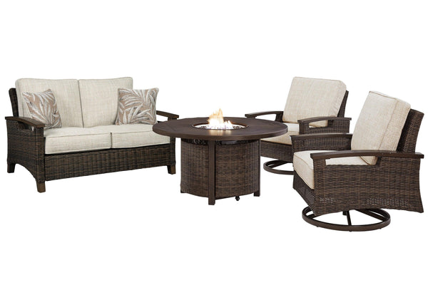 Paradise Medium Brown Trail Outdoor Loveseat And 2 Lounge Chairs With Fire Pit Table - Ella Furniture