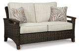 Paradise Medium Brown Trail Outdoor Loveseat And 2 Lounge Chairs With Fire Pit Table - Ella Furniture