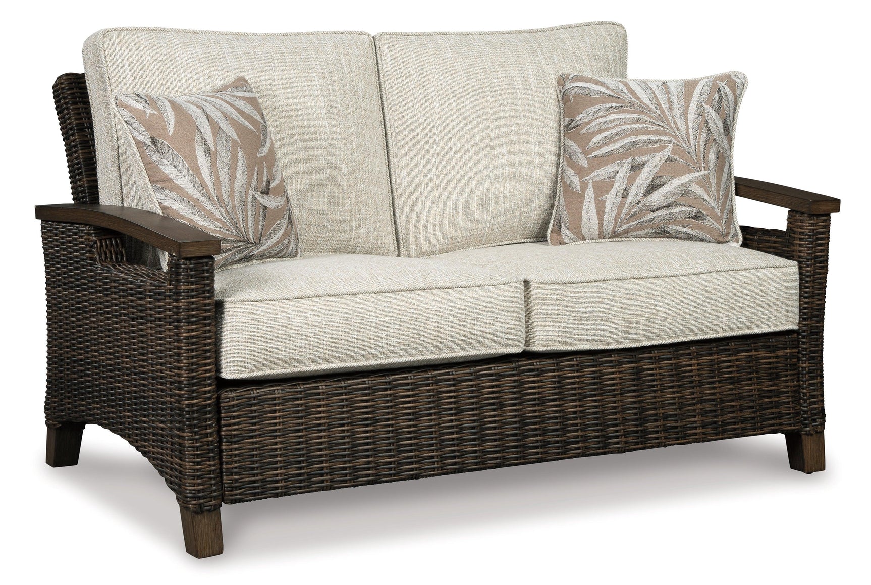 Paradise Medium Brown Trail Outdoor Loveseat And 2 Lounge Chairs With Fire Pit Table - Ella Furniture