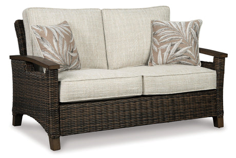 Paradise Medium Brown Trail Outdoor Loveseat And 2 Lounge Chairs With Fire Pit Table - Ella Furniture