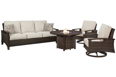 Paradise Medium Brown Trail Outdoor Sofa And 2 Lounge Chairs With Fire Pit Table - Ella Furniture