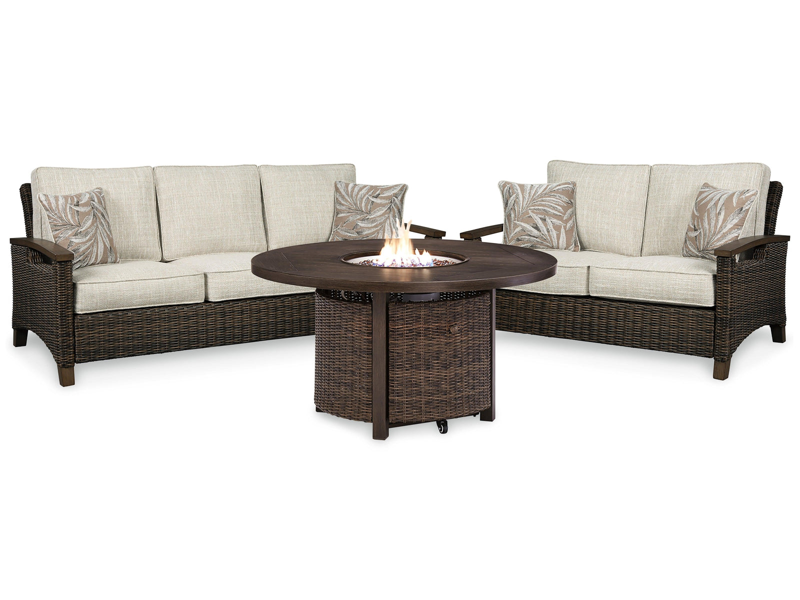 Paradise Medium Brown Trail Outdoor Sofa And Loveseat With Fire Pit Table - Ella Furniture