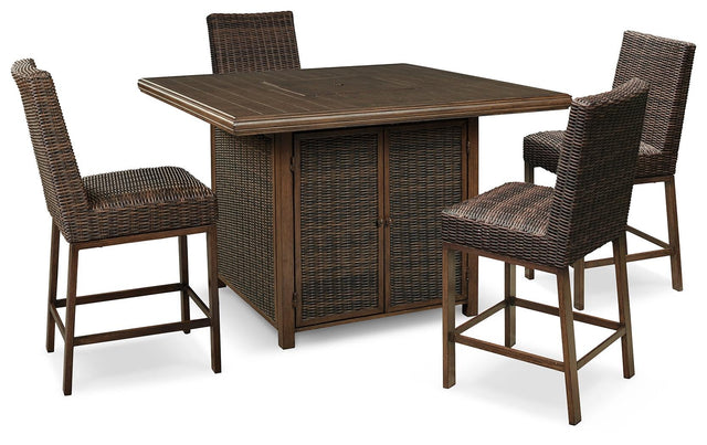 Paradise Trail Medium Brown Outdoor Counter Height Dining Table with 4 Barstools - Ella Furniture