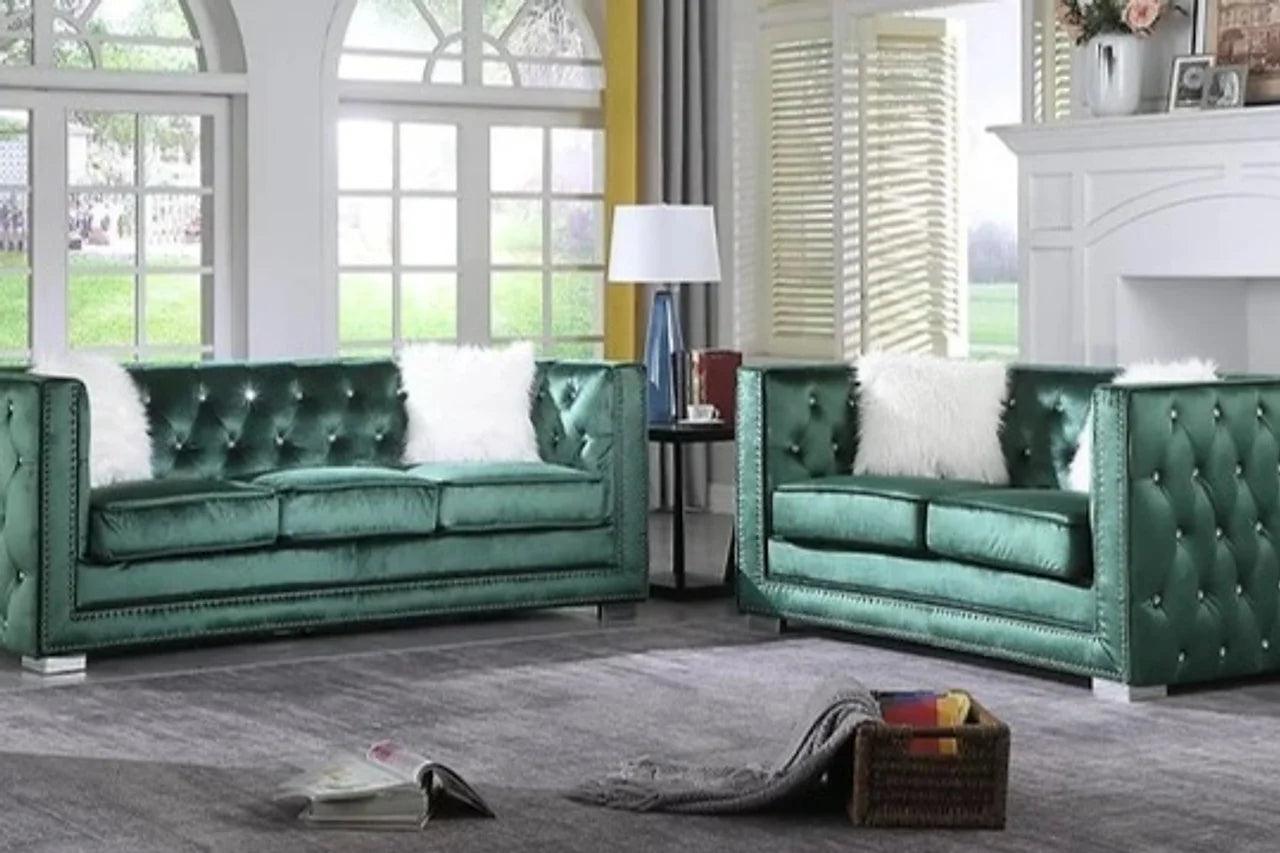 Paris Ii Green Modern Contemporary Wood, Engineered Wood Velvet Tufted Sofa & Loveseat - Ella Furniture