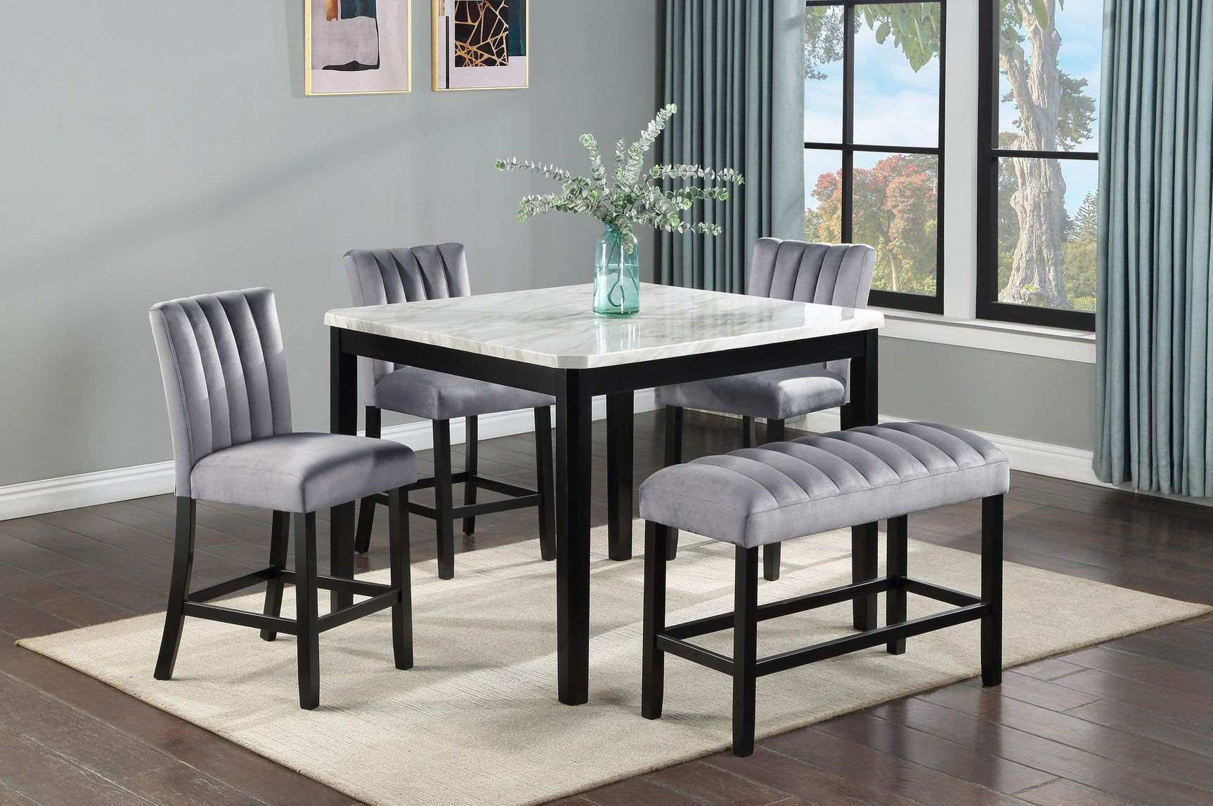 Pascal White-Gray Faux Marble Velvet Seat Rectangular Counter Height Dining Room Set - Ella Furniture