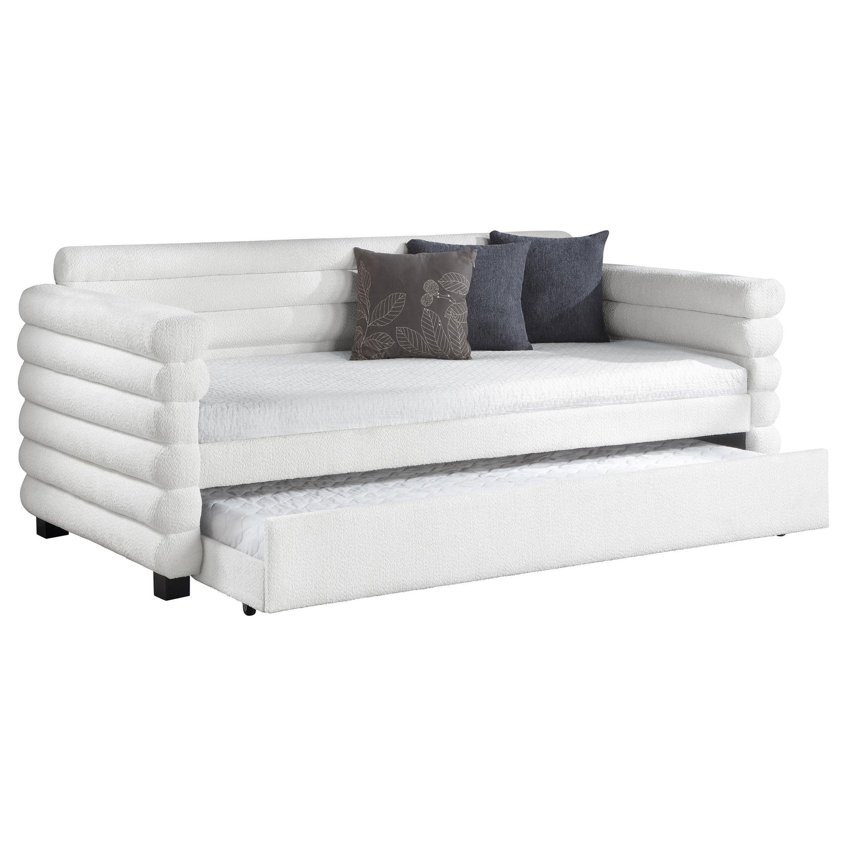 Patricia Boucle Upholstered Twin Day Bed with Trundle White 300716 - Ella Furniture