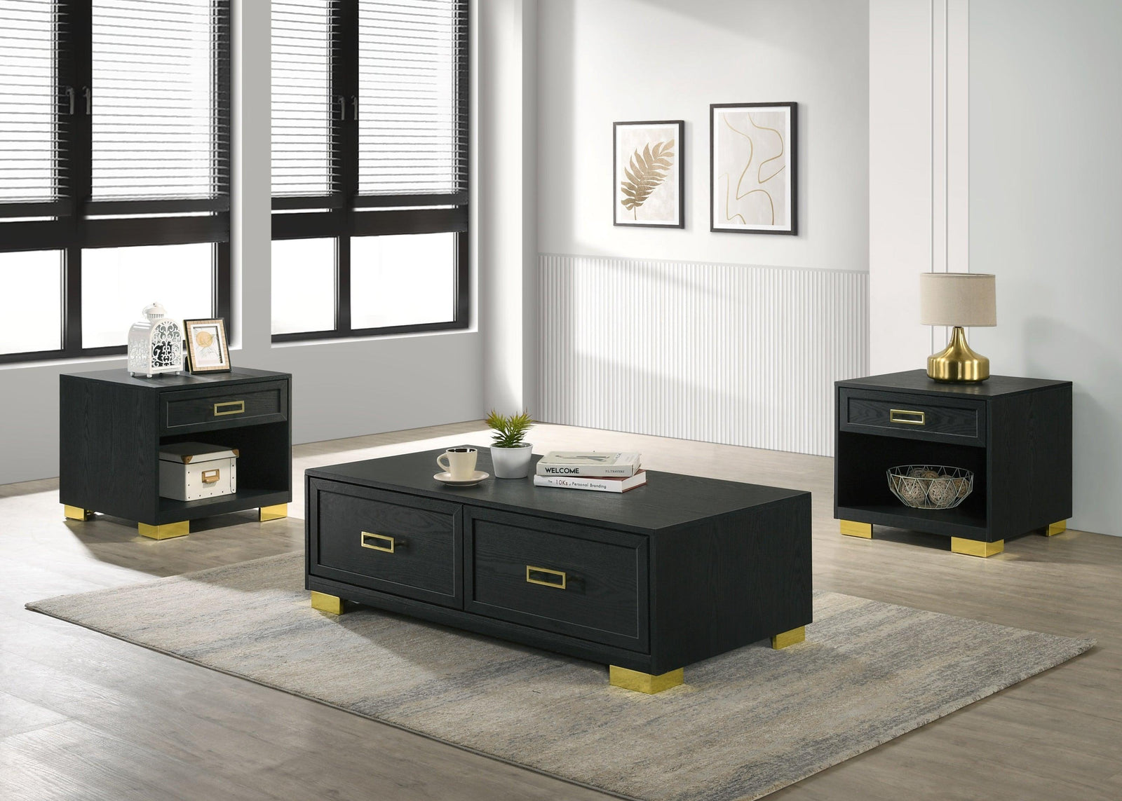 Pepe Black/Gold Modern Contemporary Solid Wood And Veneers Storage Cocktail Group Coffee Table - Ella Furniture