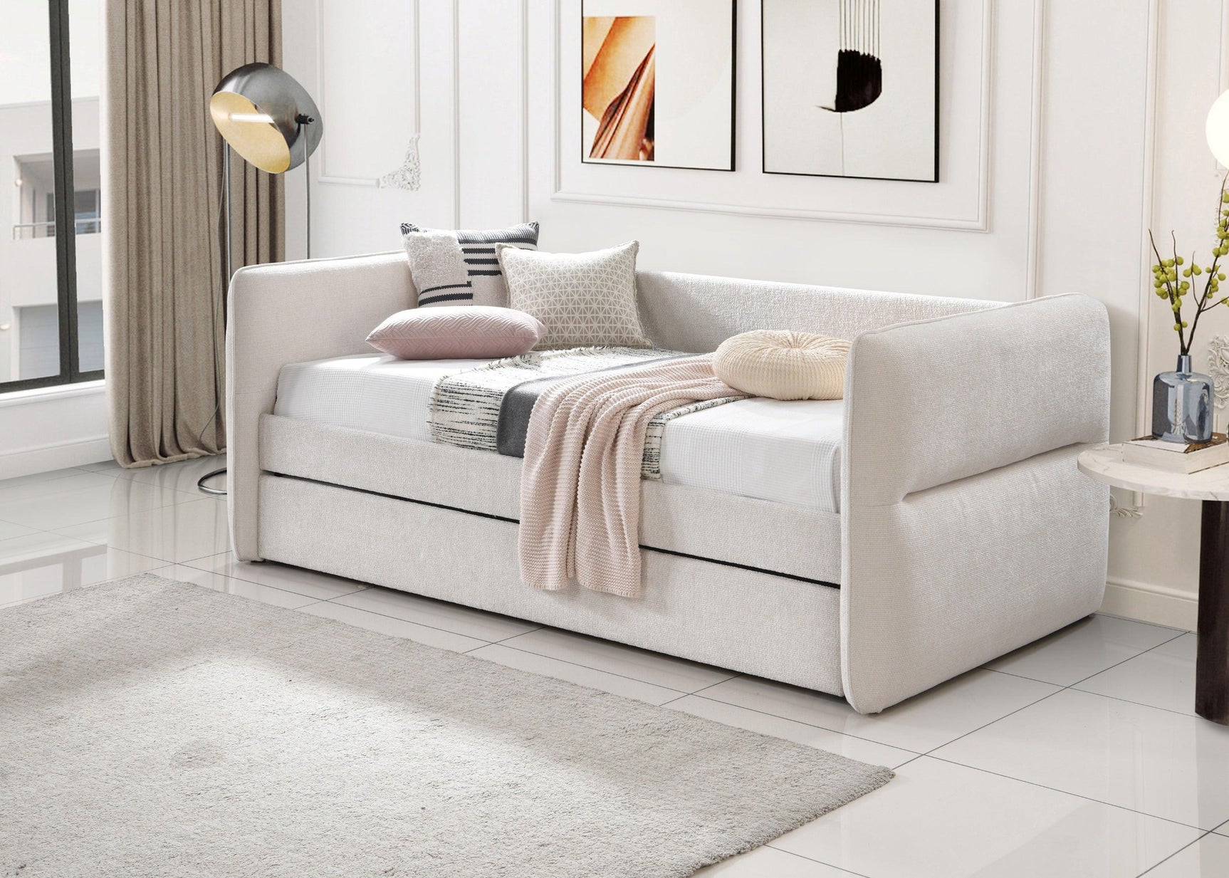 Philipa Oatmeal Tweed Modern Solid Wood Velvet Upholstered Trundle Daybed - Ella Furniture