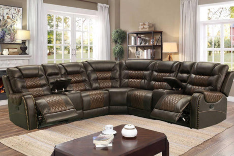 Phoenix Brown Contemporary Wood, Engineered Wood Faux Leather Storage Reclining Sectional - Ella Furniture