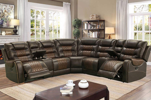 Phoenix Brown Contemporary Wood, Engineered Wood Faux Leather Storage Reclining Sectional - Ella Furniture