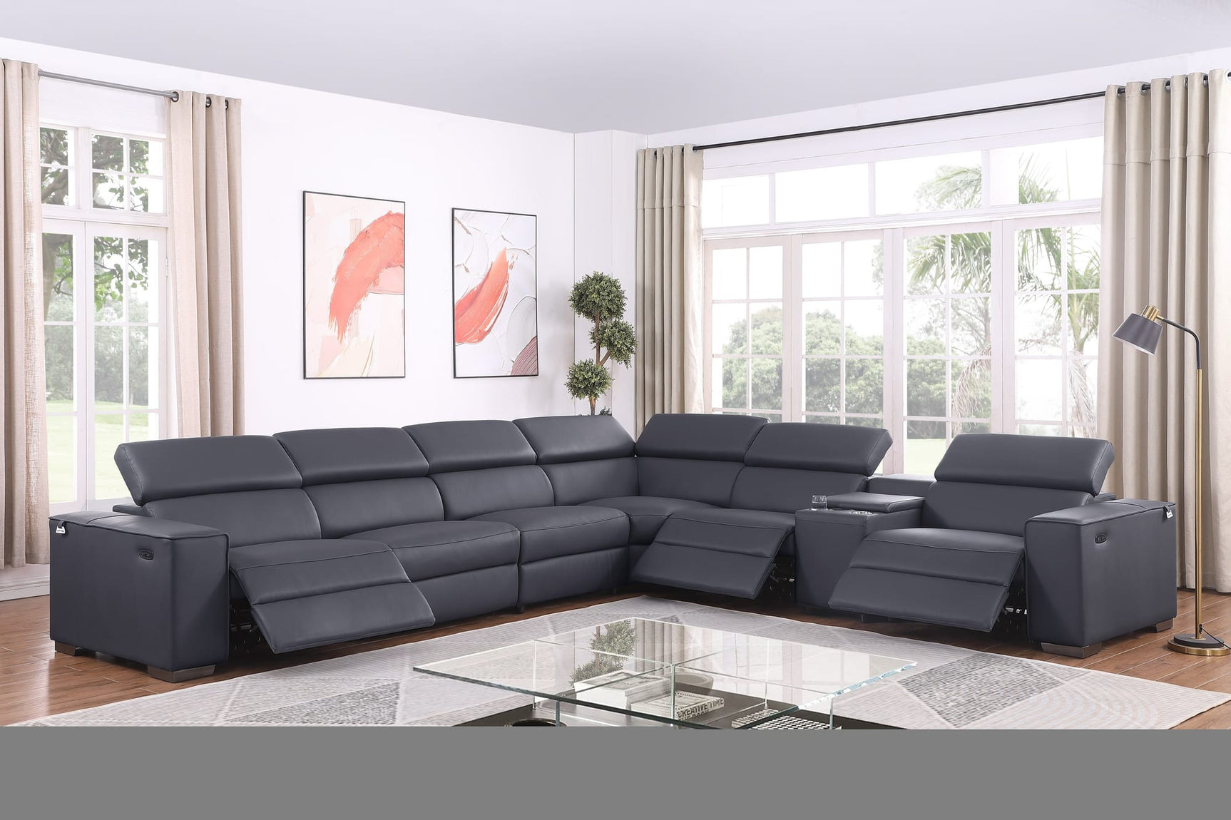 Picasso II 7-Piece Dark Grey Italian Leather Power Reclining Sectional with Storage Console from Ella Furniture