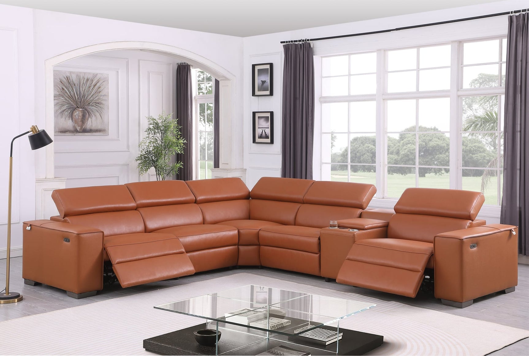 Picasso II Caramel Italian Leather 6-Piece Power Reclining Sectional with 2 Power Seats from Ella Furniture
