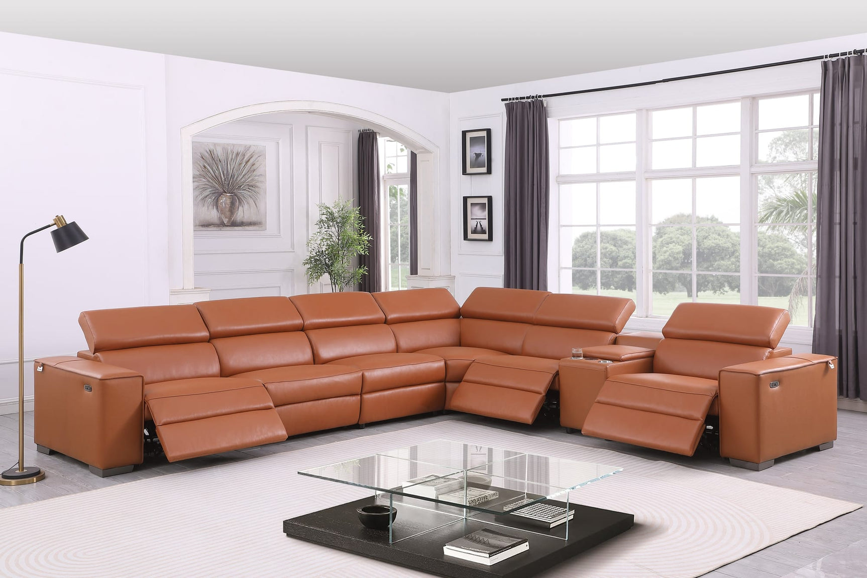 Picasso II Caramel Italian Leather 7-Piece Power Reclining Sectional with 3 Power Seats from Ella Furniture