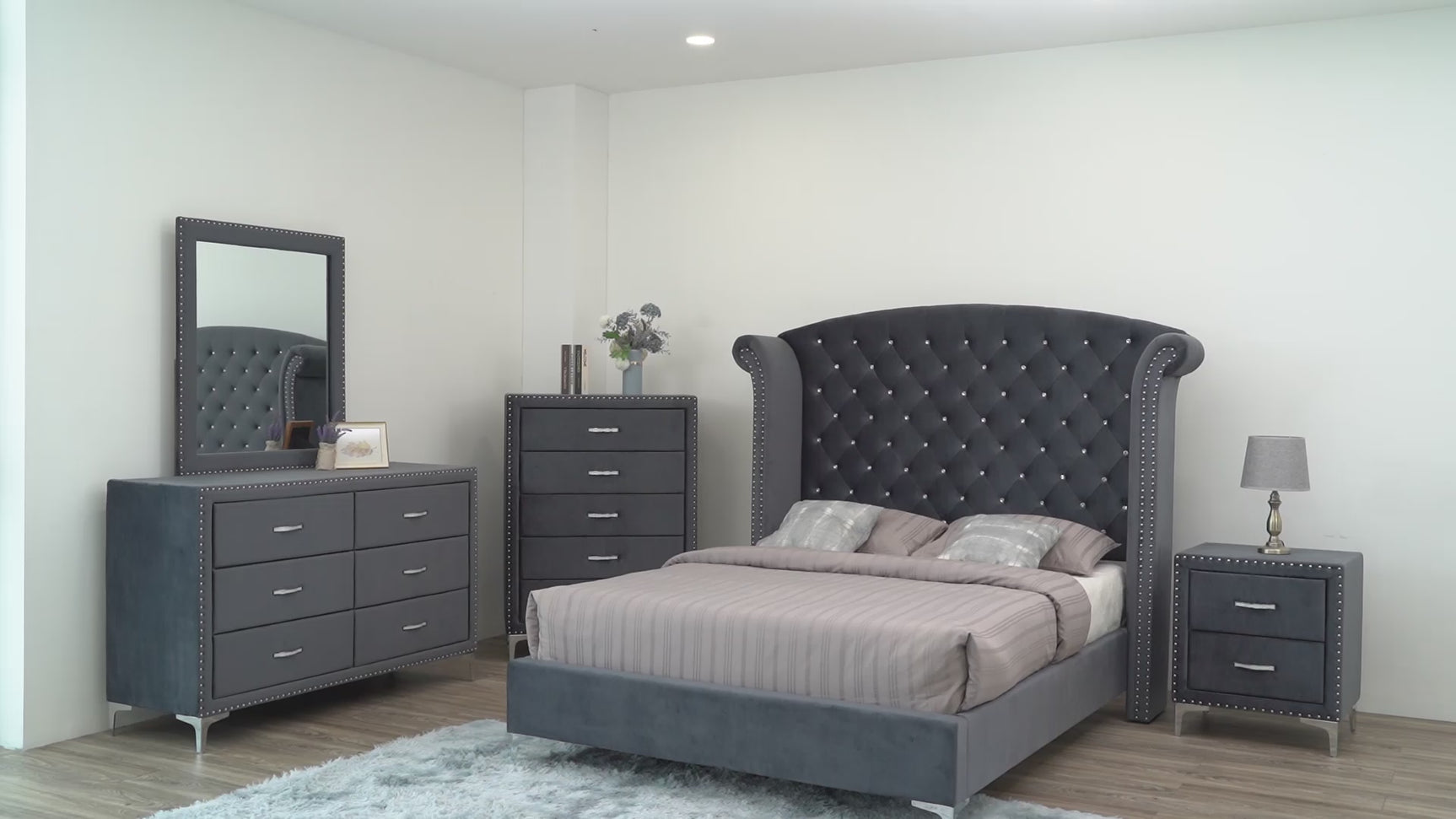 Lucinda Velvet Dark Gray Upholstered Tufted Panel Bedroom Set