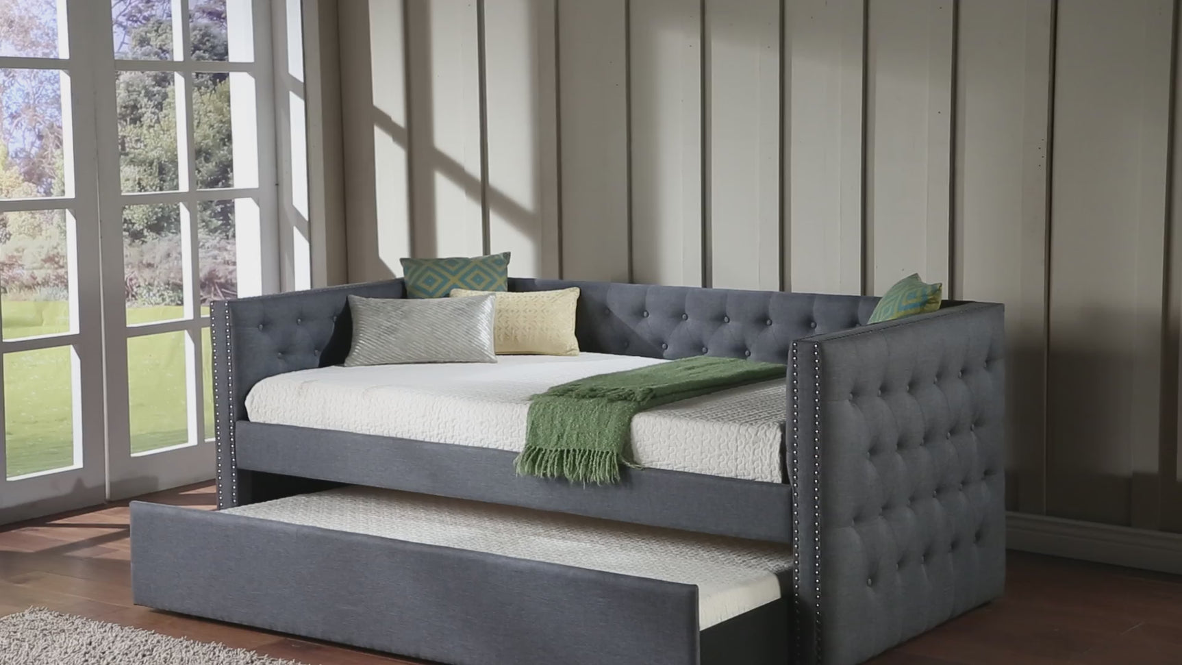 Trina Gunmetal Fabric Upholstered Trundle Tufted Daybed