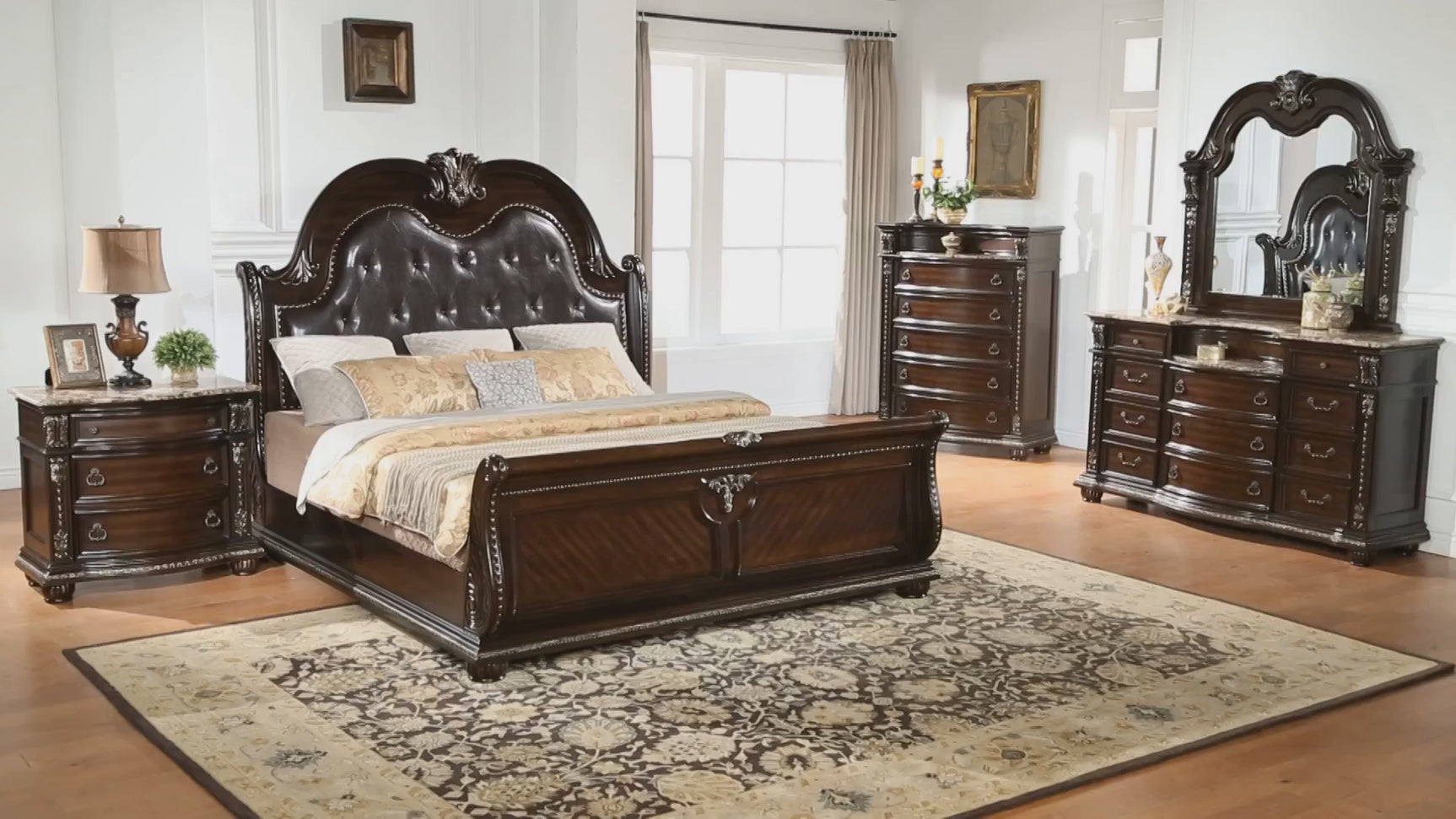 Stanley Cherry Brown Faux Leather Upholstered Tufted Sleigh Queen Bed