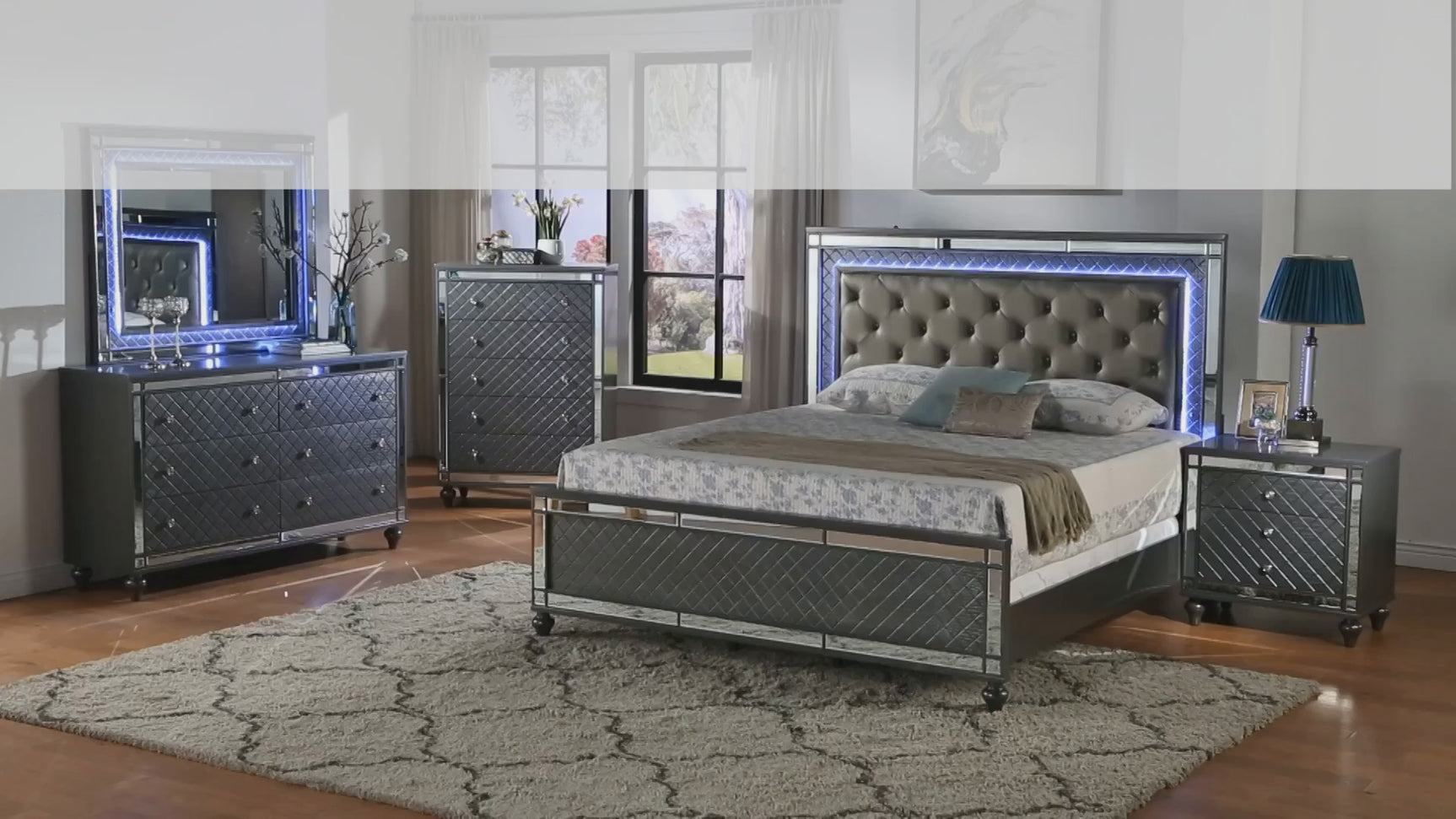 Refino Gray LED Faux Leather Upholstered Tufted Panel King Bed