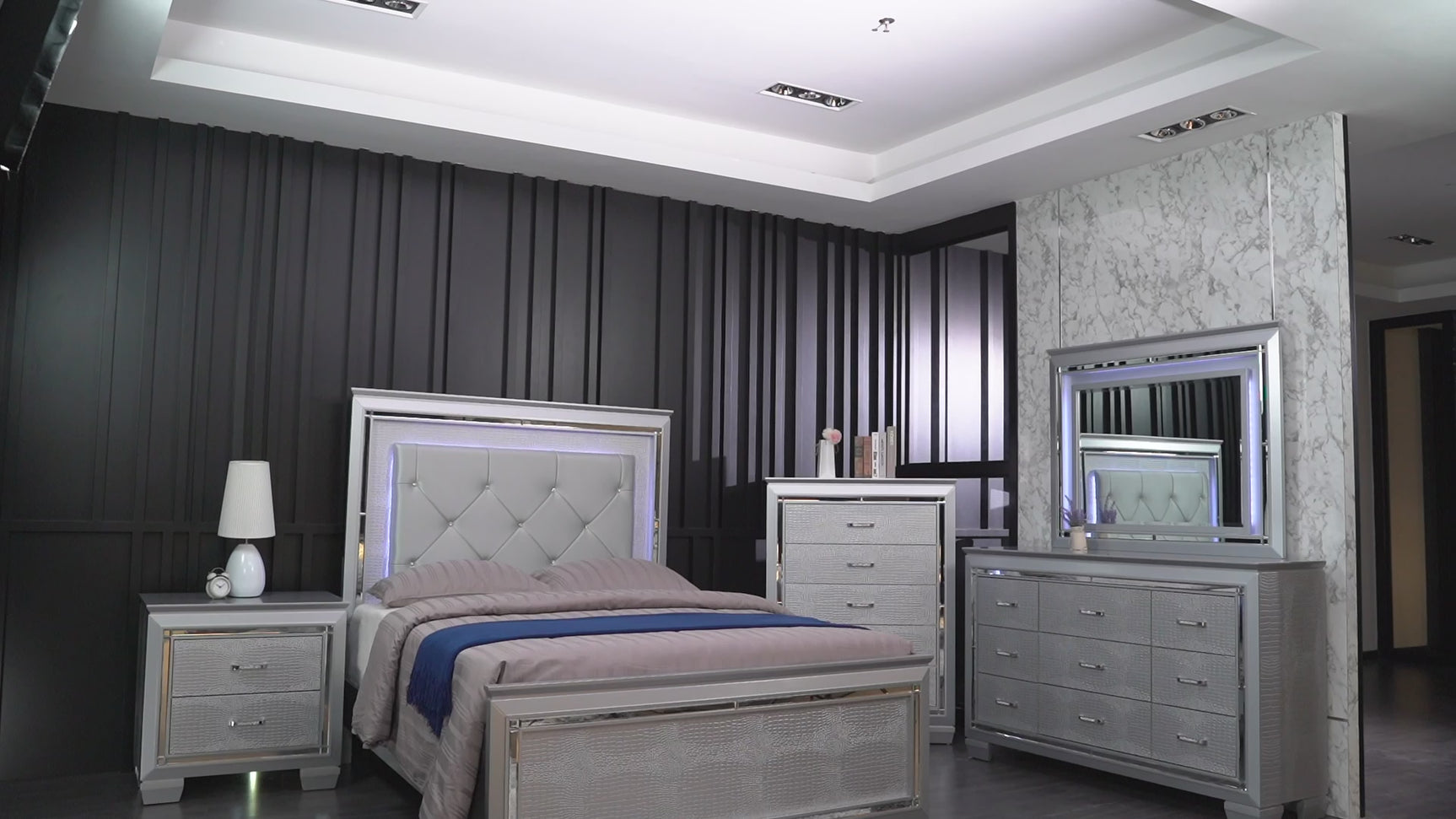 Lillian Silver LED Faux Leather Upholestered Tufted Panel King Bed