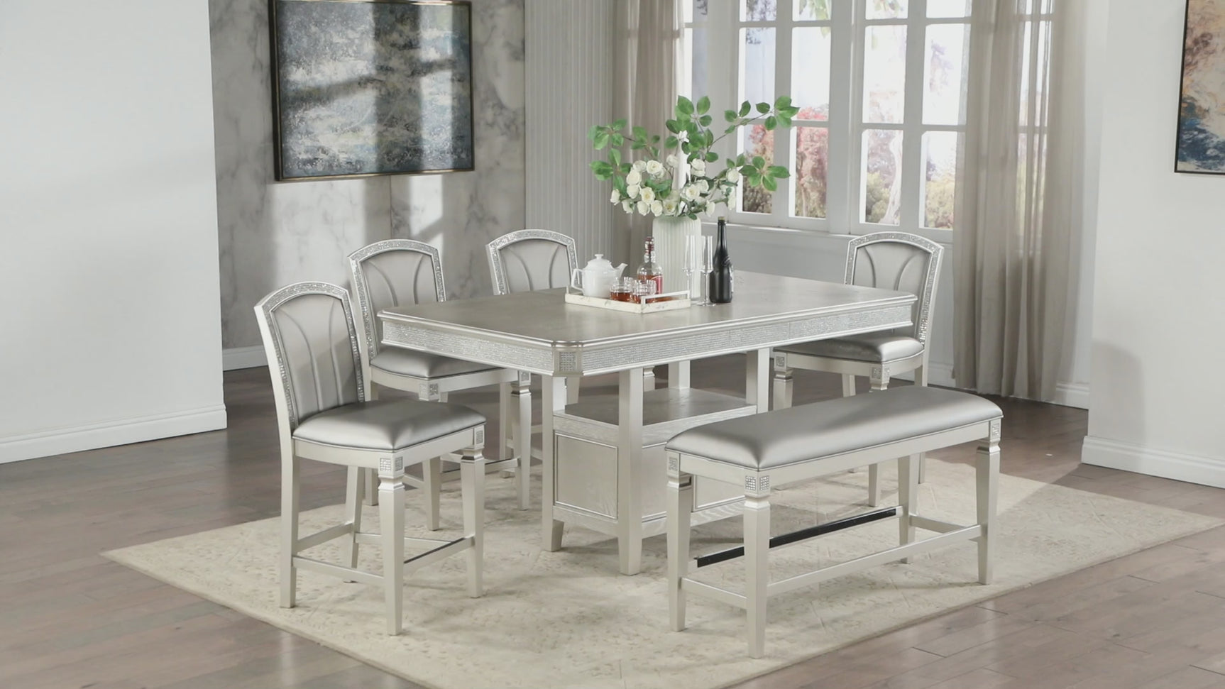 Klina Silver Faux Leather Rectangular Counter Height Set