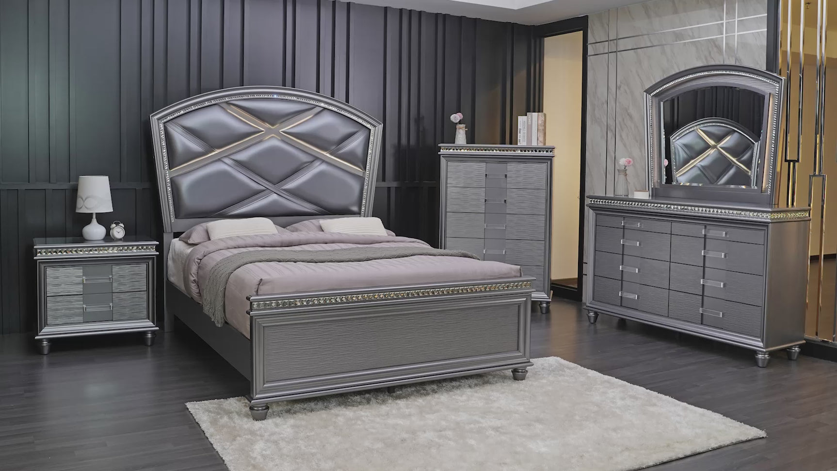 Adira Gray LED Faux Leather Upholstered Panel Queen Bed