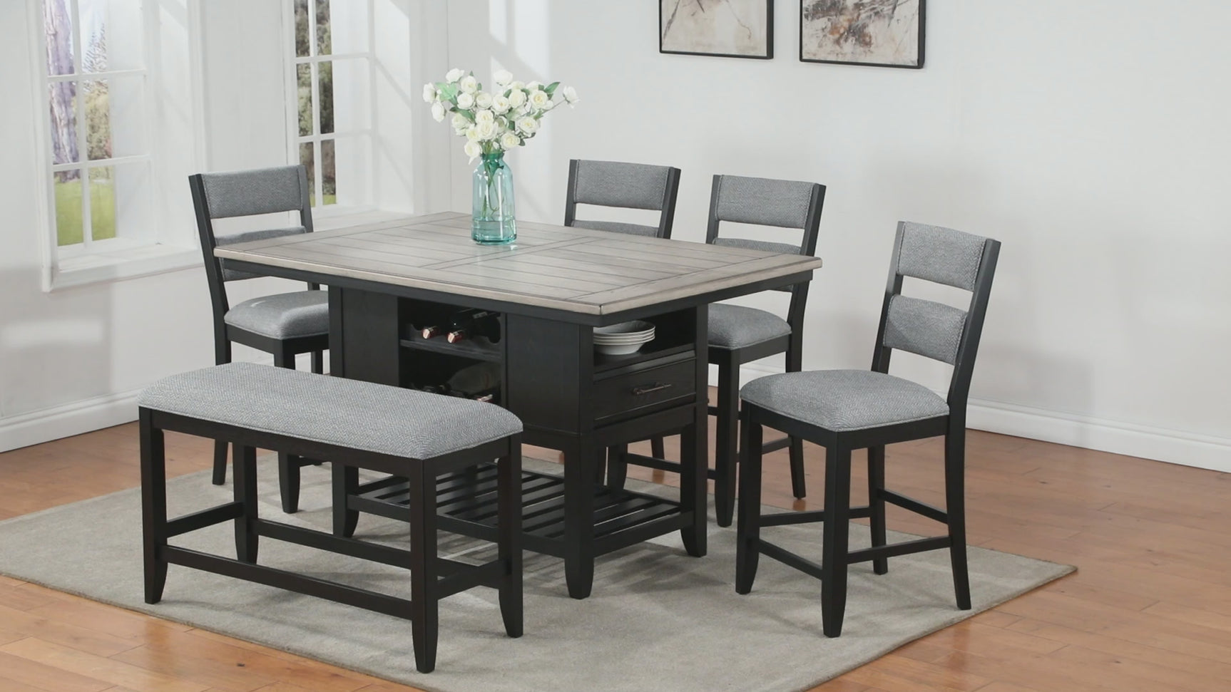 Frey Black Gray Fabric Rectangular Counter Height Set