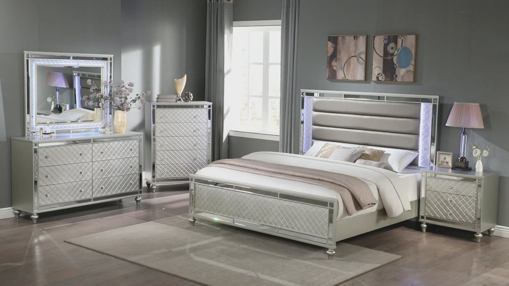 Cristian Champagne LED Faux Leather Upholstered Panel King Bed