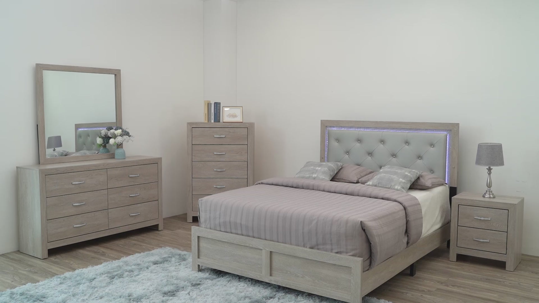 Jaylen Cream LED Faux Leather Upholstered Tufted Panel Bedroom Set