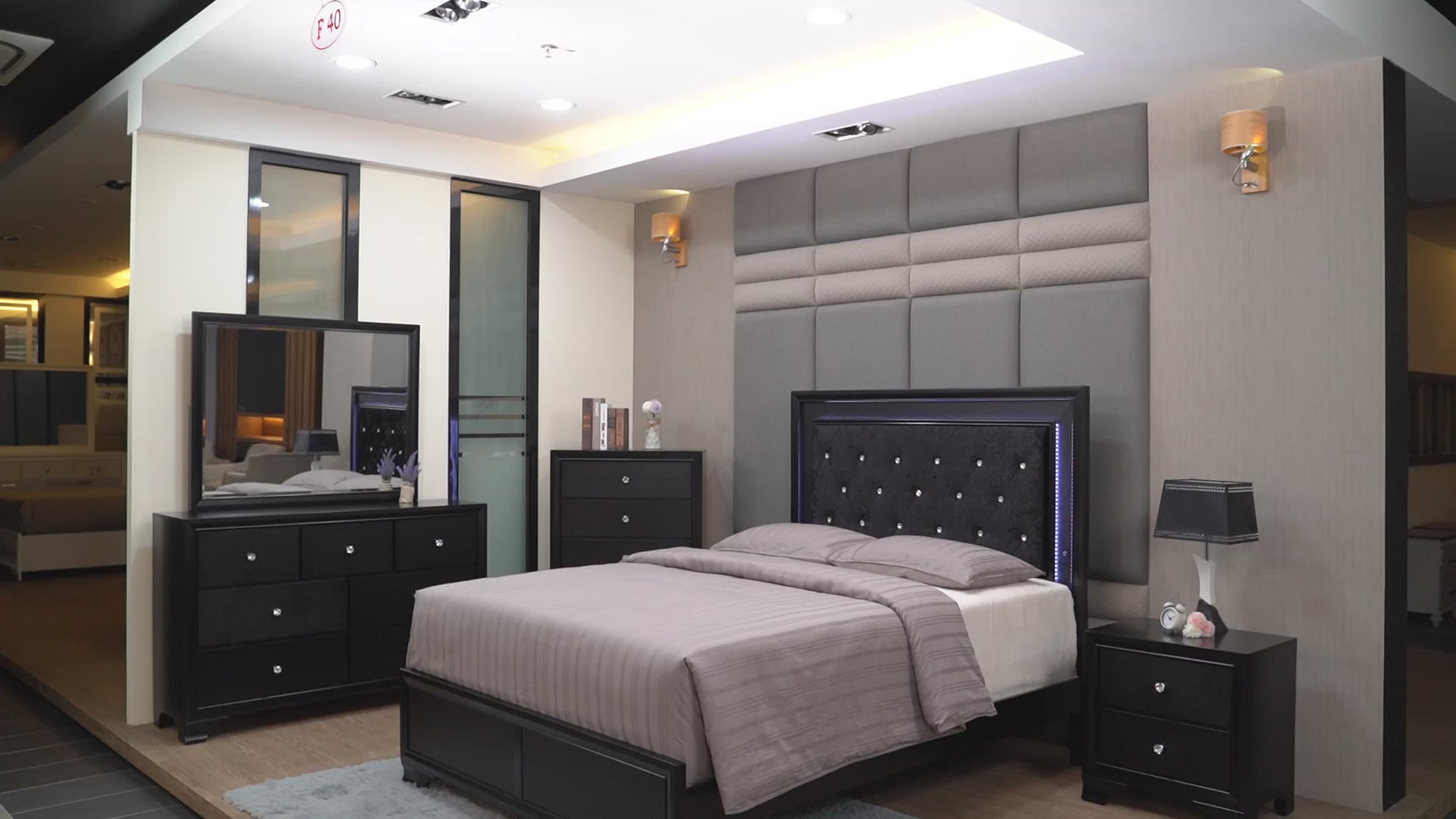 Micah Black LED Velvet Upholstered Tufted Panel King Bed