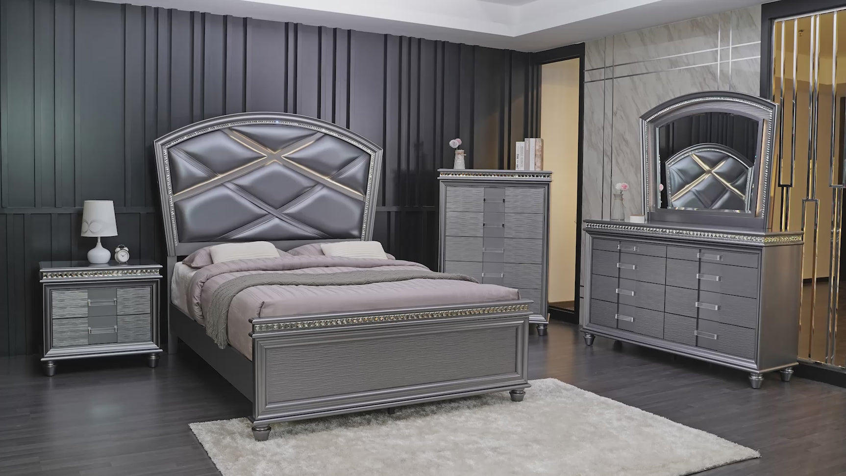 Adira Gray LED Faux Leather Upholstered Modern Panel Bedroom Set