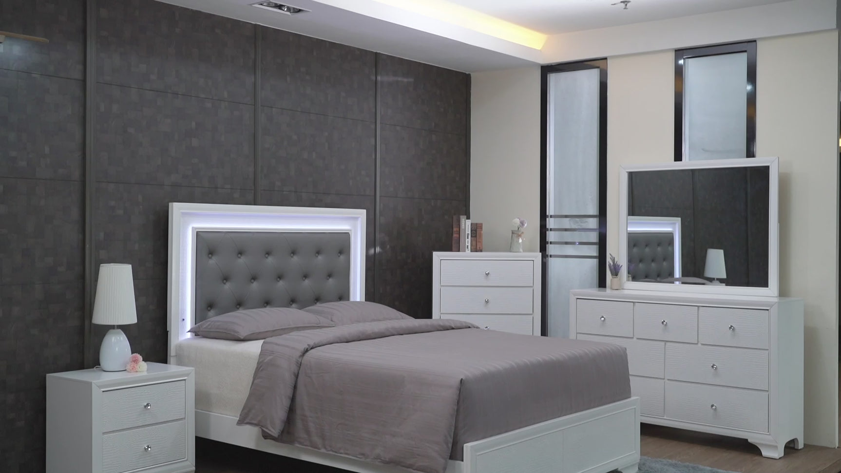 Lyssa Frost LED Faux Leather Upholstered Tufted Panel Bedroom Set