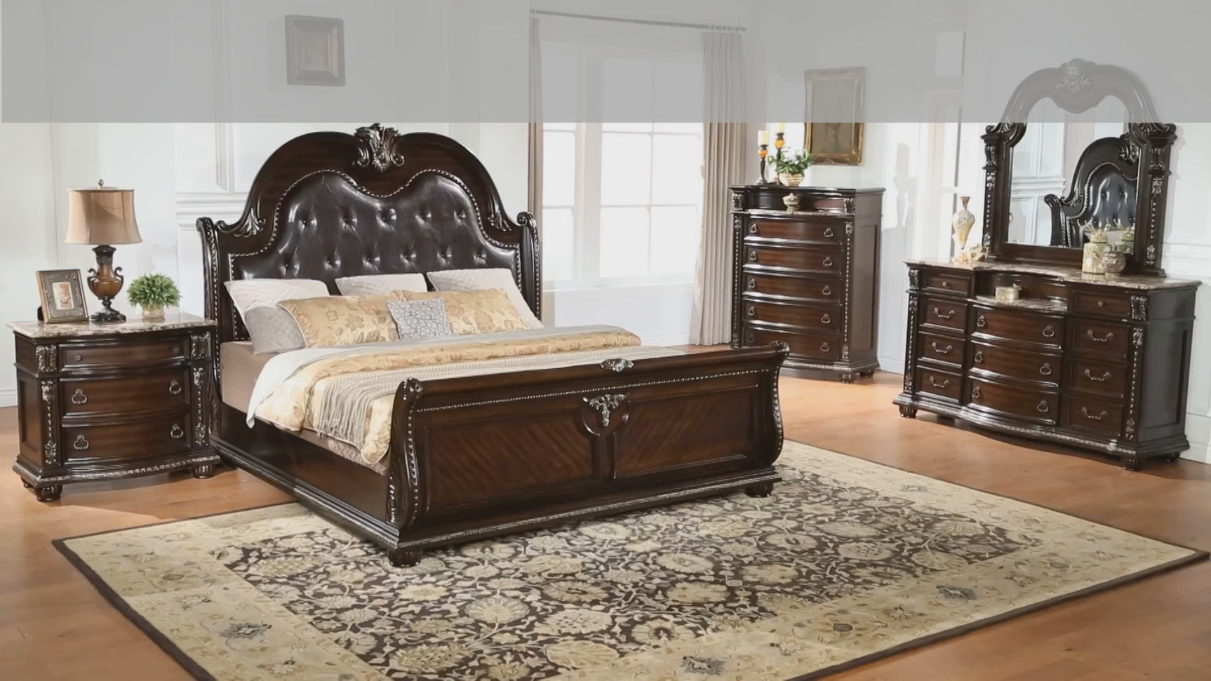 Stanley Cherry Brown Faux Leather Upholstered Tufted Sleigh King Bed