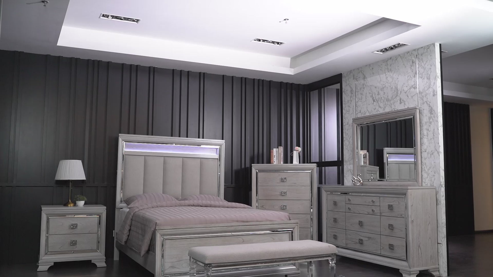 Vail Gray LED Fabric Upholstered Panel King Bed