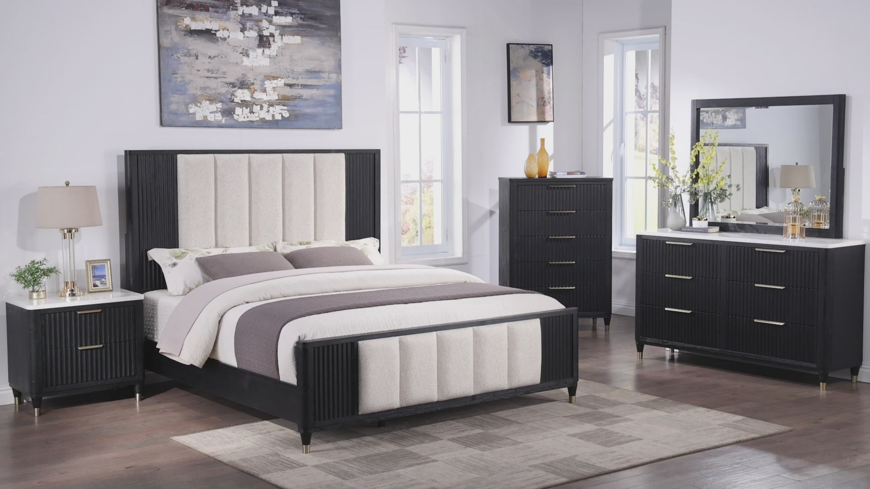 Kara Black Gray Fabric Upholstered Panel Bedroom Set