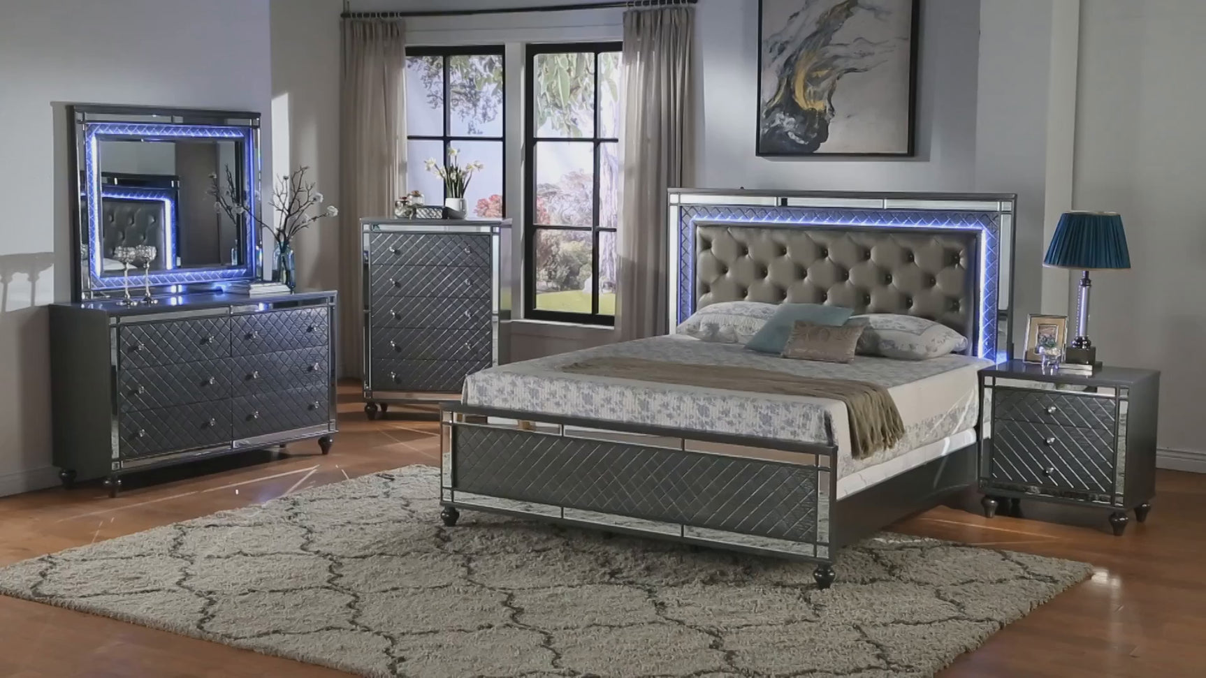 Refino Gray LED Fabric Upholstered Tufted Panel Bedroom Set