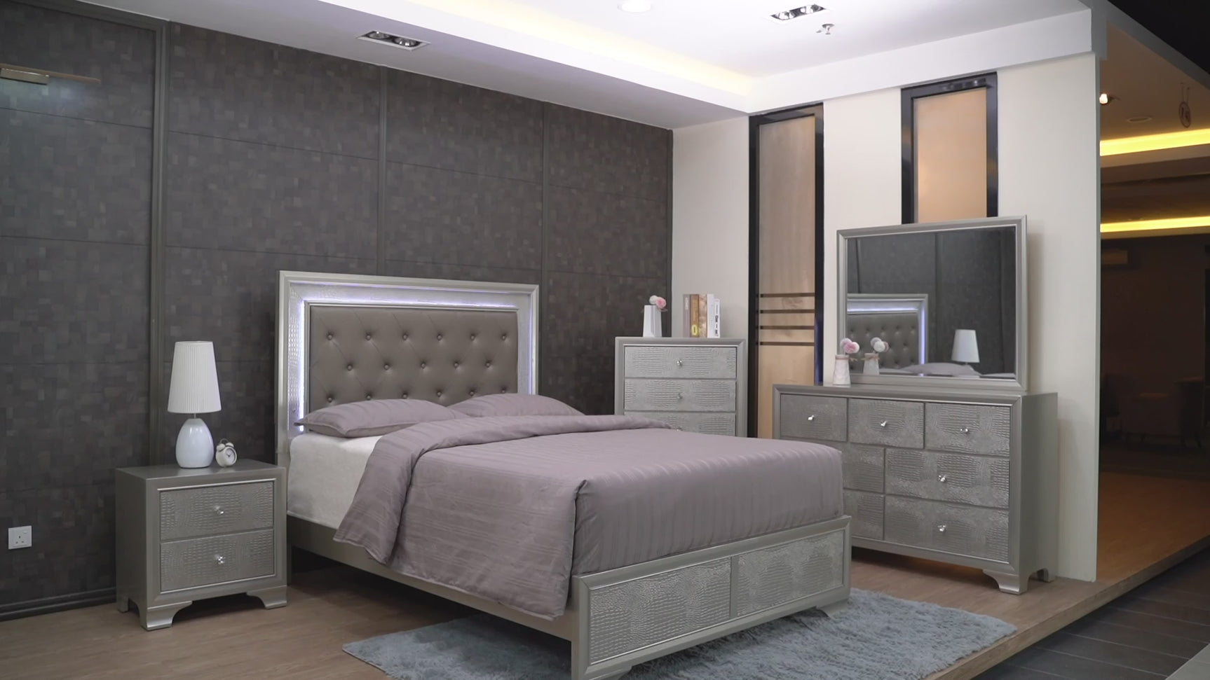 Lyssa Champagne LED Upholstered Tufted Panel King Bed