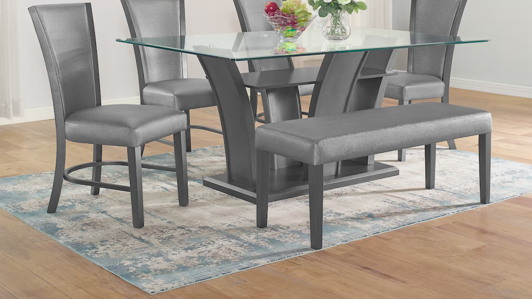 Camelia Gray Glass Faux Leather Dining Room Set