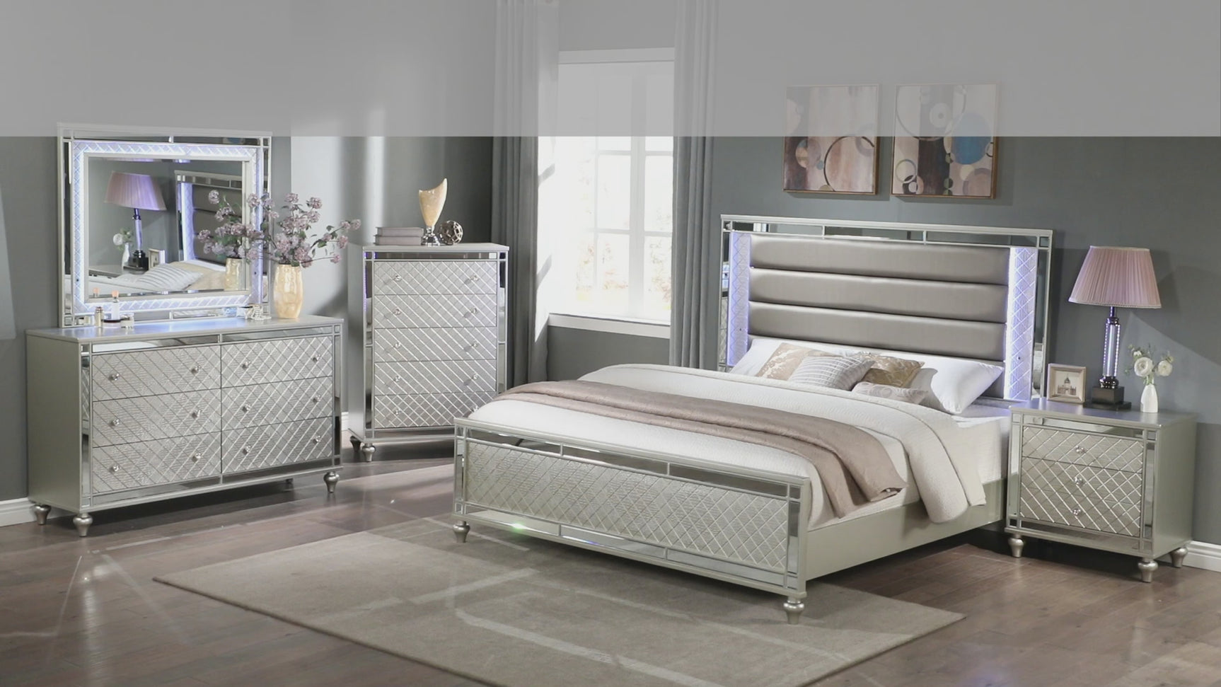 Cristian Champagne LED Faux Leather Upholstered Panel King Bed