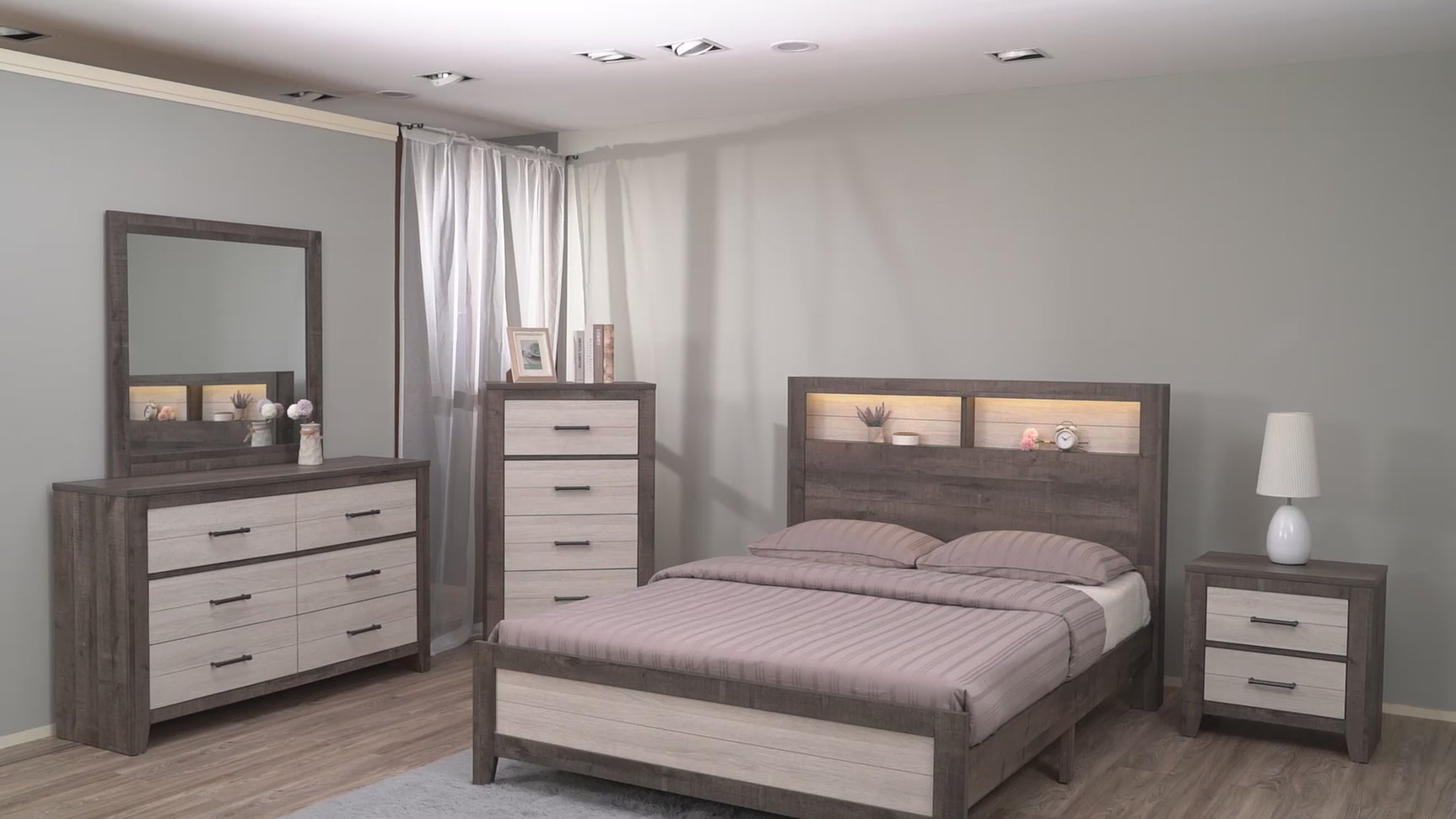 Rhett Brown Cream LED Contemporary Bookcase Platform Bedroom Set