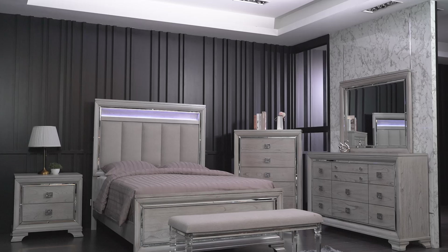 Vail Gray LED Fabric Upholstered Panel King Bed