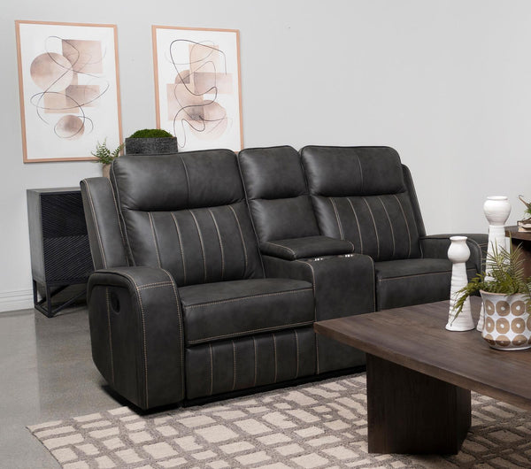 Raelynn Upholstered Motion Reclining Loveseat Grey 603192 - Ella Furniture
